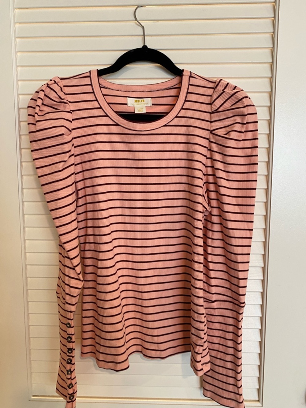 Maeve Pink and Black Striped Puff-Sleeve Long Sleeve Top